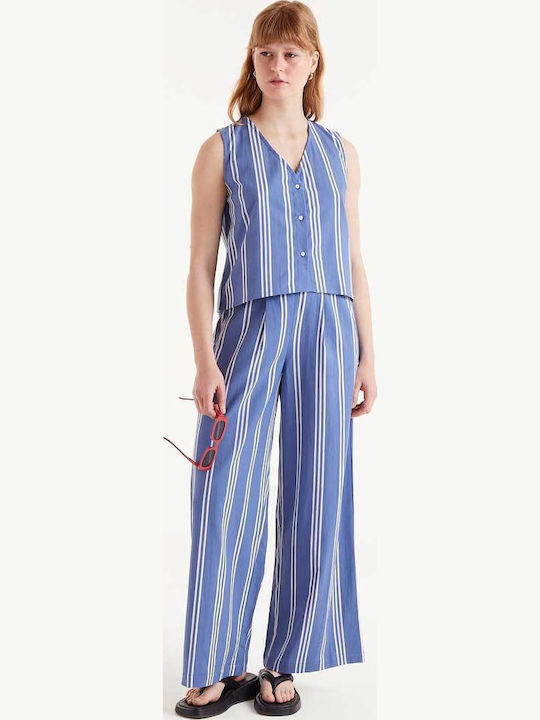 Women's Blouse Cotton Sleeveless Striped Blue