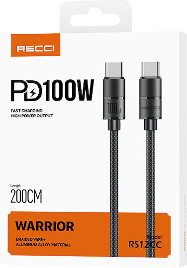 Recci Cablu USB 2.0 Braided USB-C Masculin - USB-C 100W PD Negru 2m RS12CC