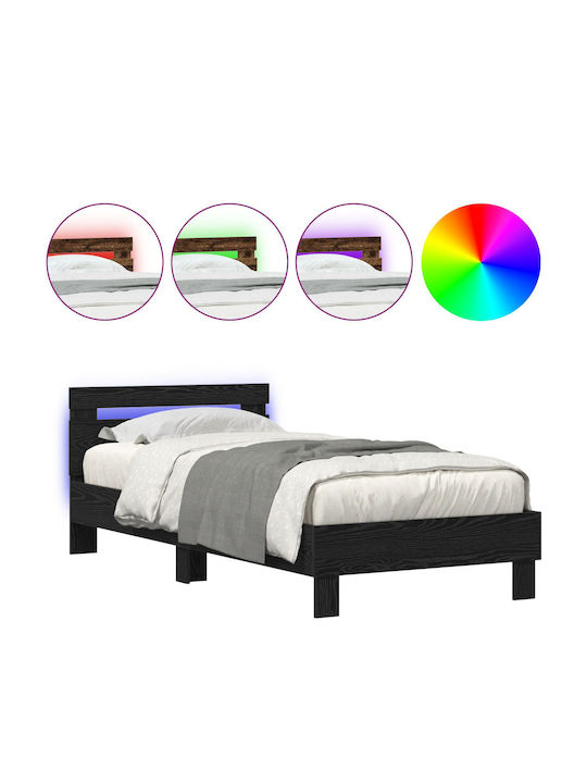 Pat Single Din Lemn Stejar Negru Cu Plăci Pentru Saltea 75x190cm