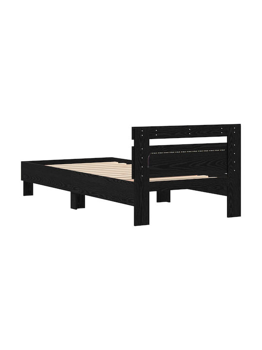 Pat Single Din Lemn Stejar Negru Cu Plăci Pentru Saltea 75x190cm