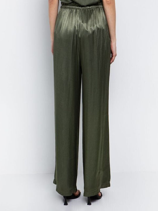 Women's High-waisted Fabric Trousers with Elastic in Loose Fit Khaki