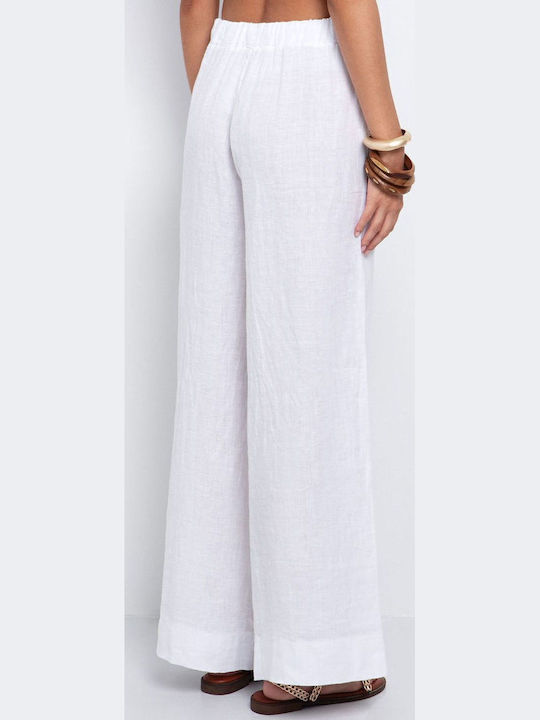 Damen Hoch tailliert Leinen Hose mit Gummizug in Lockerer Passform White