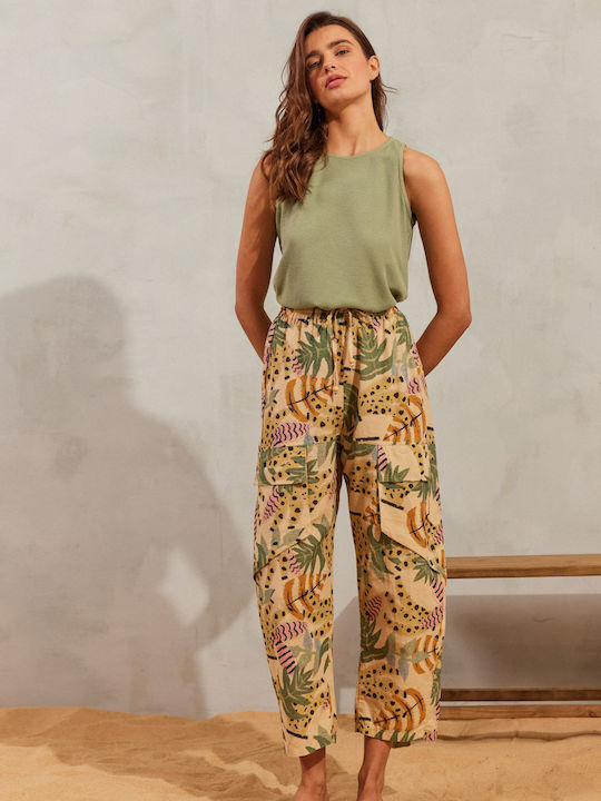 Women's Fabric Trousers with Elastic Loose Fit Floral Beige