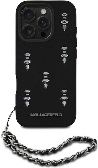 Karl Lagerfeld Saffiano Umschlag Rückseite Silikon / Leder mit Nackenriemen Schwarz (iPhone 17 Pro / iPhone 16 Pro)
