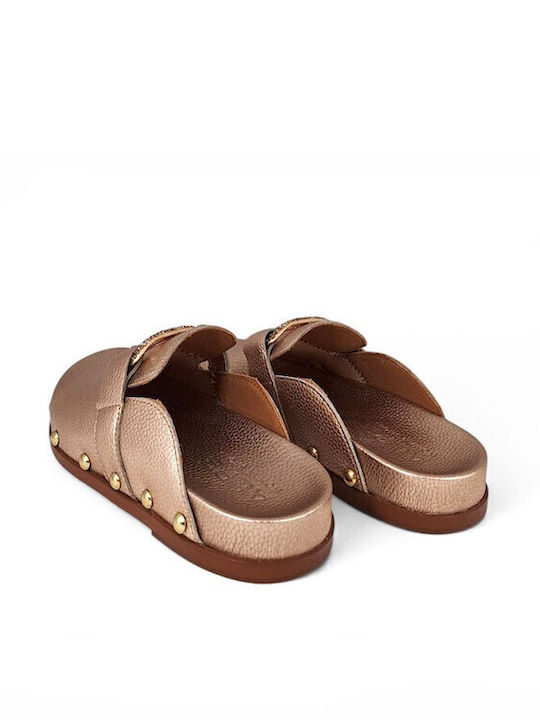 Flach Leder Mules in Gold Farbe