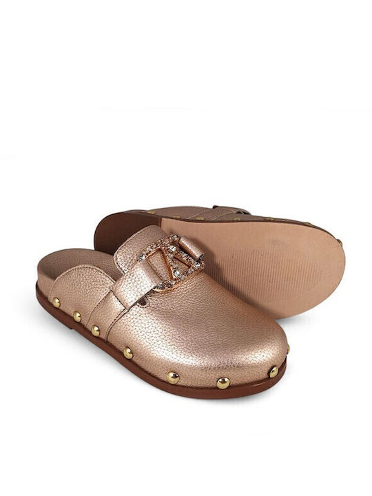 Flach Leder Mules in Gold Farbe