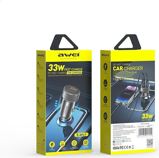 Awei Car Charger 33W with Ports: 1xUSB 1xType-C Brown Color