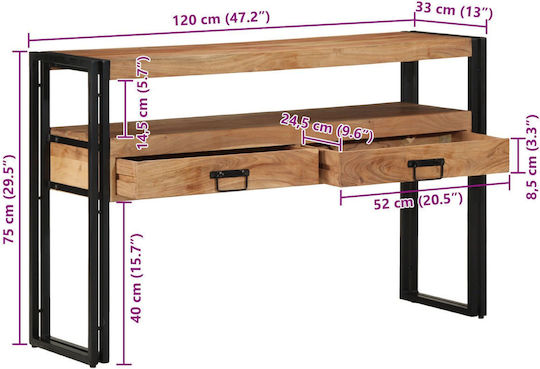 Console Table of Solid Wood & Metal Black L120xW33xH75cm