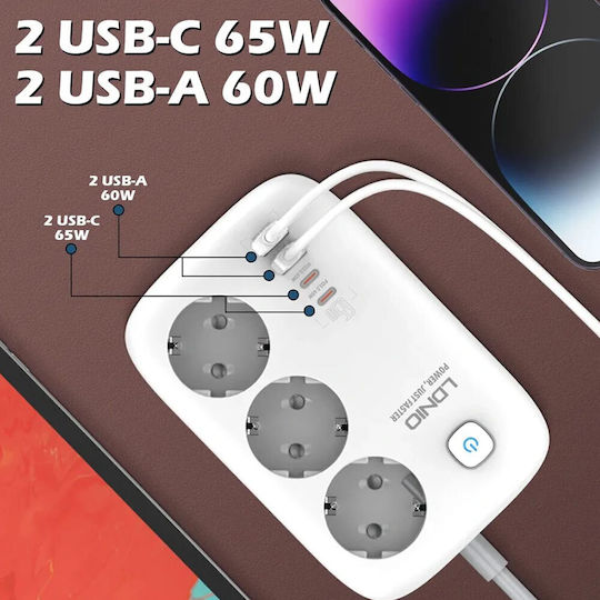 Ldnio Πολύπριζο 3 Θέσεων με 2 USB-A, 2 USB-C, Διακόπτη και Καλώδιο 1.2m Αγγλίας (Type G)