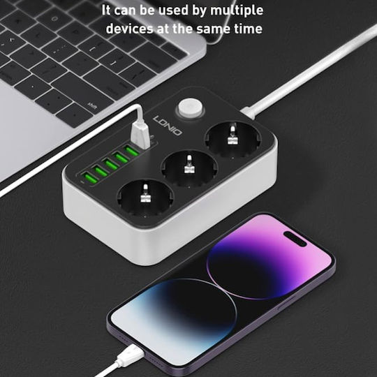 Ldnio Power Strip with Surge Protection 3 Positions with 6 USB-A, Switch and Cable 2m
