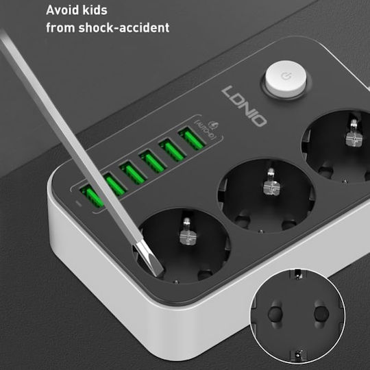 Ldnio Power Strip with Surge Protection 3 Positions with 6 USB-A, Switch and Cable 2m