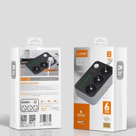 Ldnio Power Strip with Surge Protection 3 Positions with 6 USB-A, Switch and Cable 2m