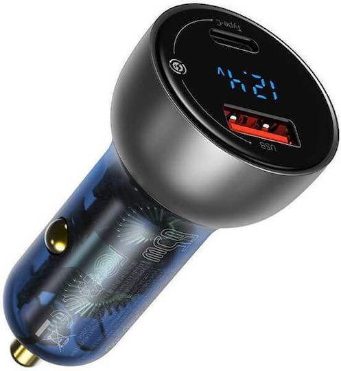 Baseus Auto-Ladegerät 65W 5A Schnellladung mit Anschlüssen: 1xUSB 1xType-C Gray Farbe