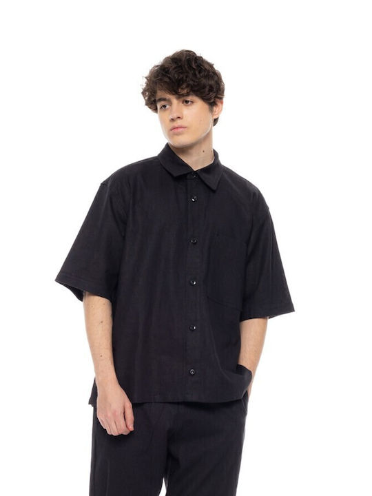 Μακρυμάνικo Λινό Overshirt σε Φαρδιά Γραμμή Black