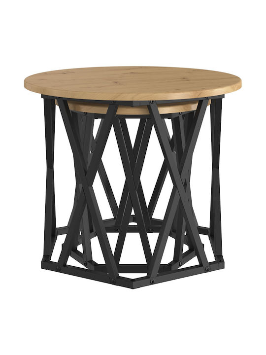 Round Side Table Set of 2 Made of Solid Oak Wood M50xD50cm