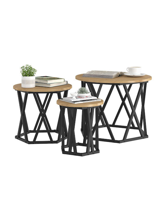 Round Side Table Set of 3 Made of Solid Oak Wood 53x53 cm