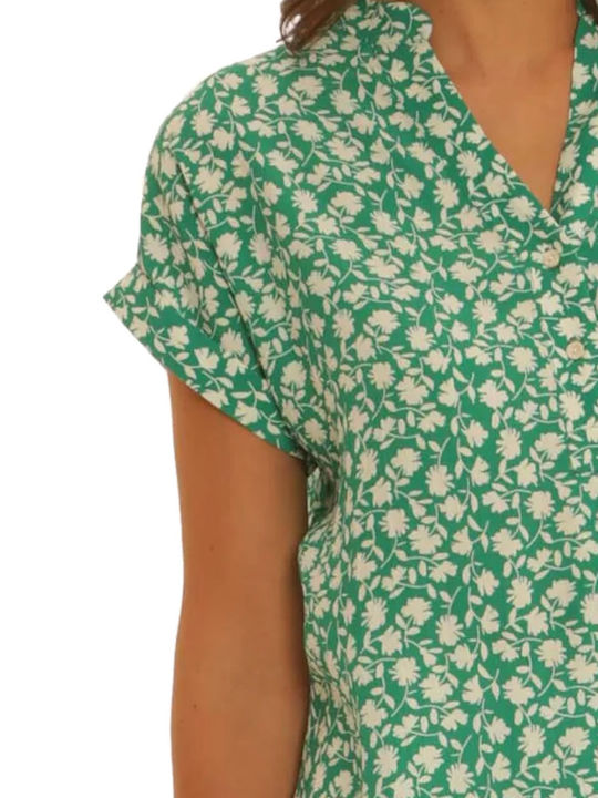 Kurzärmelig Damen Hemd Grün Blumen