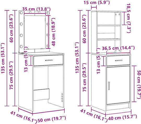 Подова Спална Тоалетка Дървена Бяла с Огледало 50x41x135см