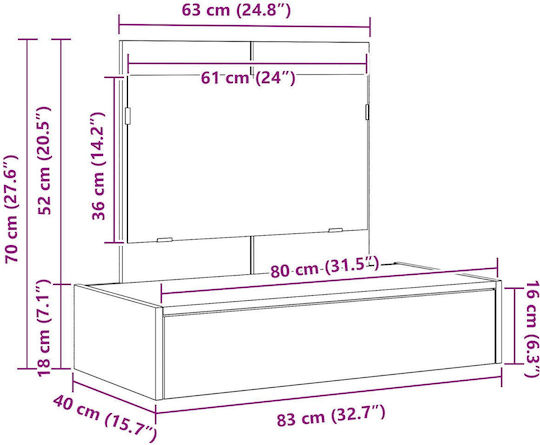 Стенна Спална Тоалетка От Дъб С Огледало 83x40x70см