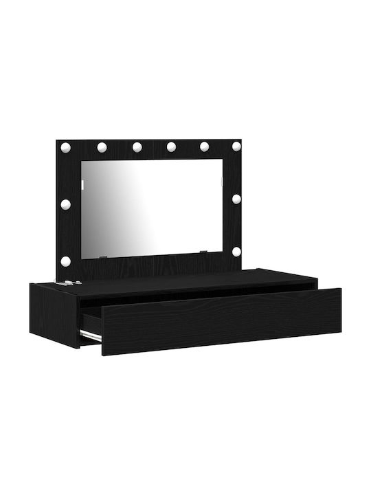 Masuta De Toaleta De Perete Din Lemn Negru Stejar Cu Oglindă 100x40x70cm