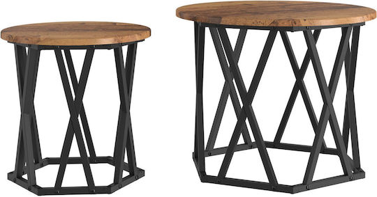 Round Side Coffee Table Made of Solid Wood Brown 2 Pieces W50xL50xH40cm
