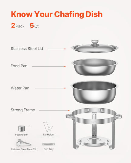 Vevor 5 Qt 2 Pack Στρογγυλό Σετ Μπουφέ Πιάτων Ταψί Πλήρους Μεγέθους Ανοξείδωτο Χάλυβα