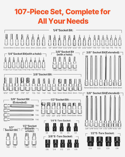 Bit Socket Set 107-piece Sae Metric Hex Torx E-torx Tamper-proof Extra Long