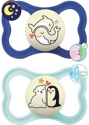 Mam Supreme Night Orthodontic Pacifiers Silicone Night Whale / Penguin - Blue / Ciel for 6+ months 2pcs