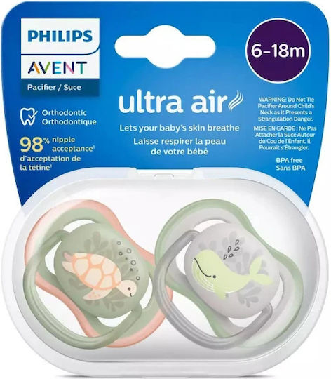 Philips Ultra Air Ορθοδοντικές Πιπίλες Σιλικόνης Νυκτός Χελώνα Φάλαινα για 6-18 μηνών 2τμχ