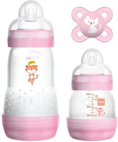 Mam Plastic Baby Bottle Set Anti-Colic with Silicone Nipple for 0+, 0+ m, months Pink 130ml 3pcs