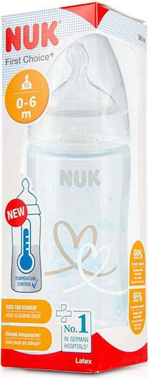Nuk Πλαστικό Μπιμπερό First Choice Plus Temperature Control Κατά των Κολικών με Θηλή Σιλικόνης για 0-6 μηνών Λευκό Καρδούλες - Λευκό 300ml
