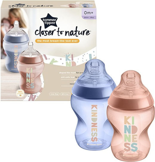 Tommee Tippee Σετ Πλαστικά Μπιμπερό Closer To Nature Κατά των Κολικών με Θηλή Σιλικόνης για 0+ μηνών Ροζ Kindness - Pink / Purple 260ml 2τμχ