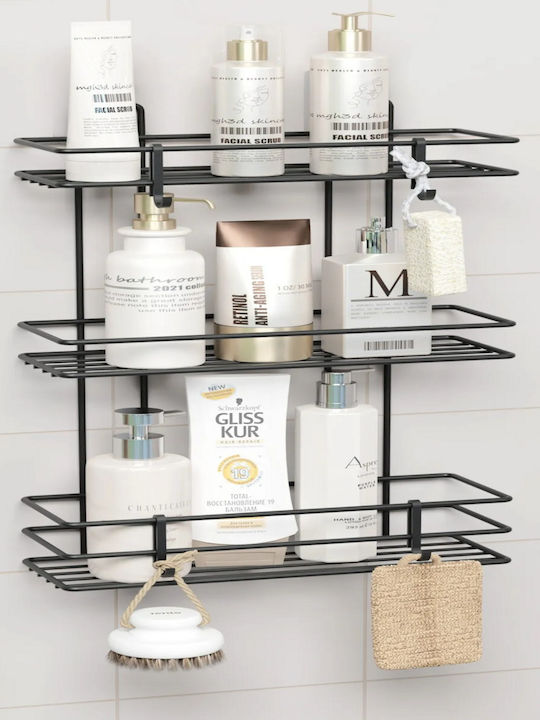 Femmit Wall-Mounted Metal Snap-On Bathroom Shelf 3 Shelves 4 Hooks 10x25x48 Cm Electrostatic Black Matte Finish