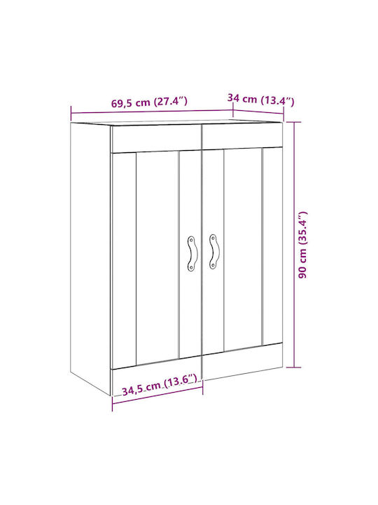 Wand Wohnzimmer Vitrine aus Spanplatte mit Glas Old Wood 69.5x34x90cm