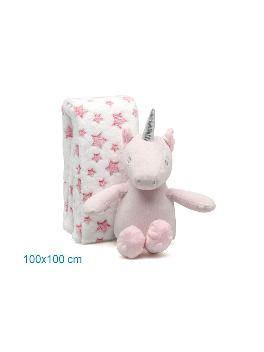 Kiokids Одеяло Детски пелени за пелени Флийс Бяло с Животно Pink 100x100см.