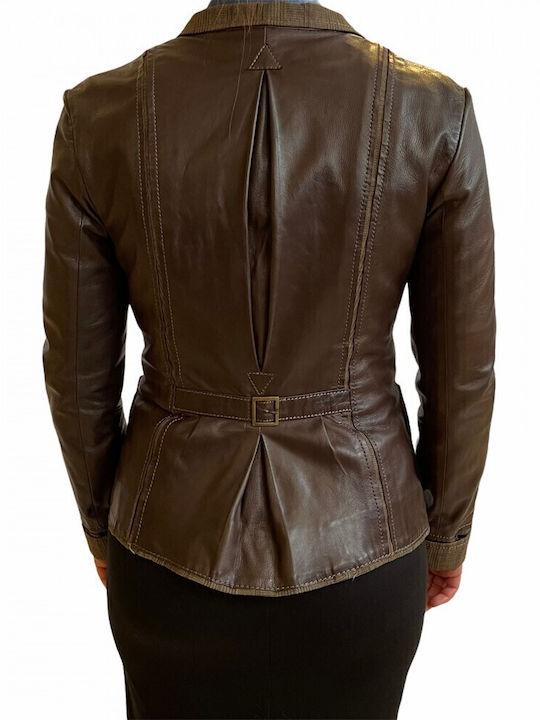 MARKOS LEATHER Petra Γυναικείο Δερμάτινο Μεσάτο Σακάκι Καφέ
