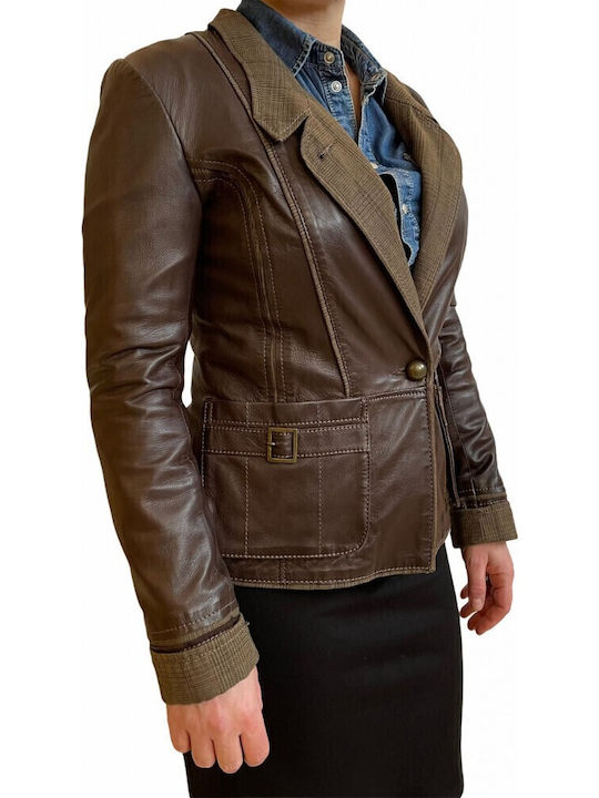 MARKOS LEATHER Petra Women's Leather Waisted Blazer Brown