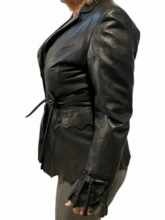 MARKOS LEATHER Women's Leather Waisted Blazer Black