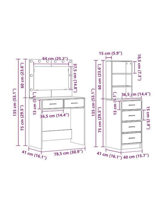 Floor-Standing Makeup Dressing Table Made of Solid Cedar Wood with Mirror 40x40.5x135cm