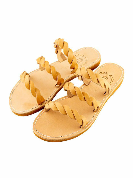Leather Women's Flat Sandals in Beige Color