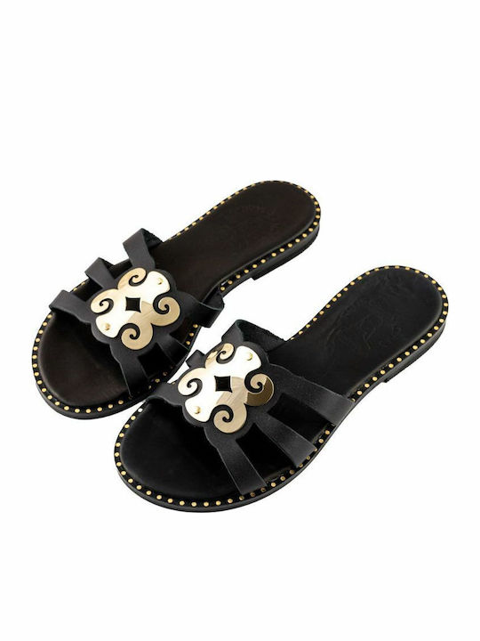 Leather Women's Flat Sandals in Black Color