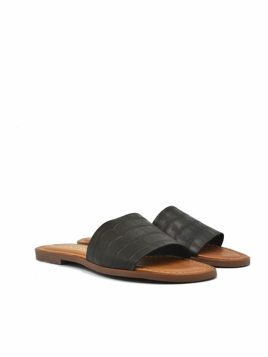 Leather Women's Flat Sandals in Black Color