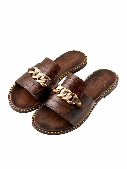Leather Women's Flat Sandals in Brown Color