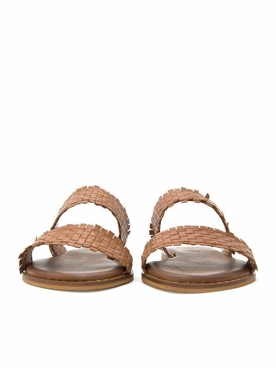 Leather Women's Flat Sandals in Tabac Brown Color