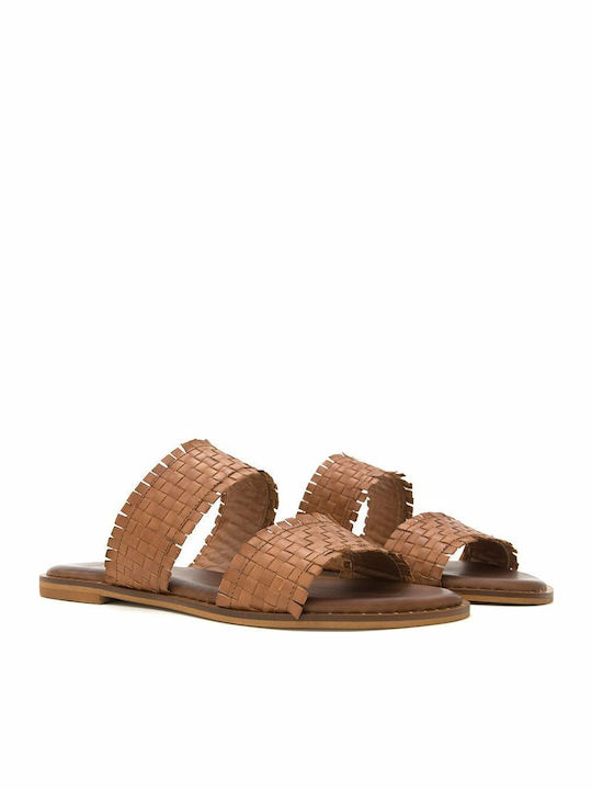 Leather Women's Flat Sandals in Tabac Brown Color