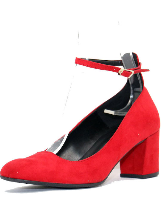 Suede Red Medium Heels with Strap