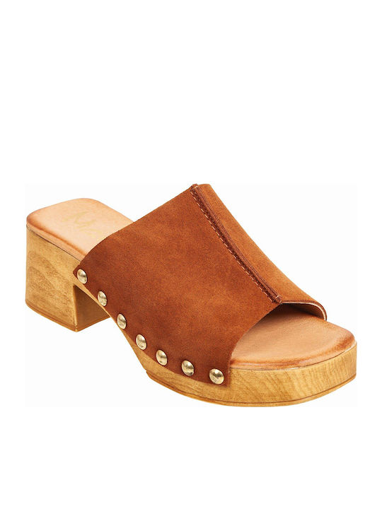 Leather Mules with Chunky High Heel in Tabac Brown Color