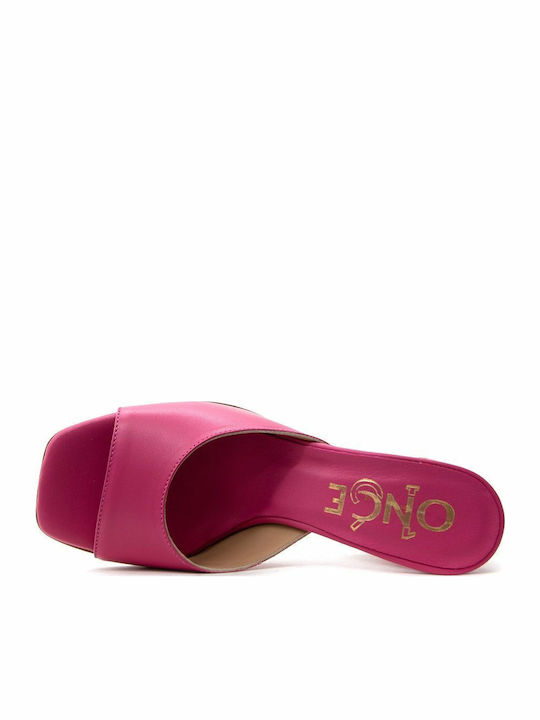 Leather Mules with Chunky High Heel in Fuchsia Color