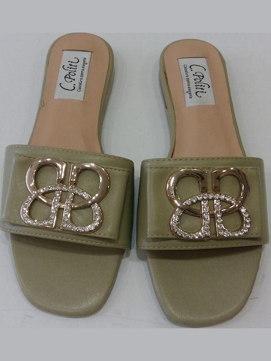 Leather Women's Flat Sandals in Green Color