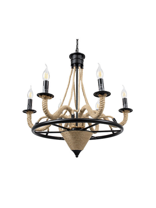 GloboStar Pennsylvania Πολυέλαιος 6xE14 Ø64cm με Σχοινί Μαύρος 00541